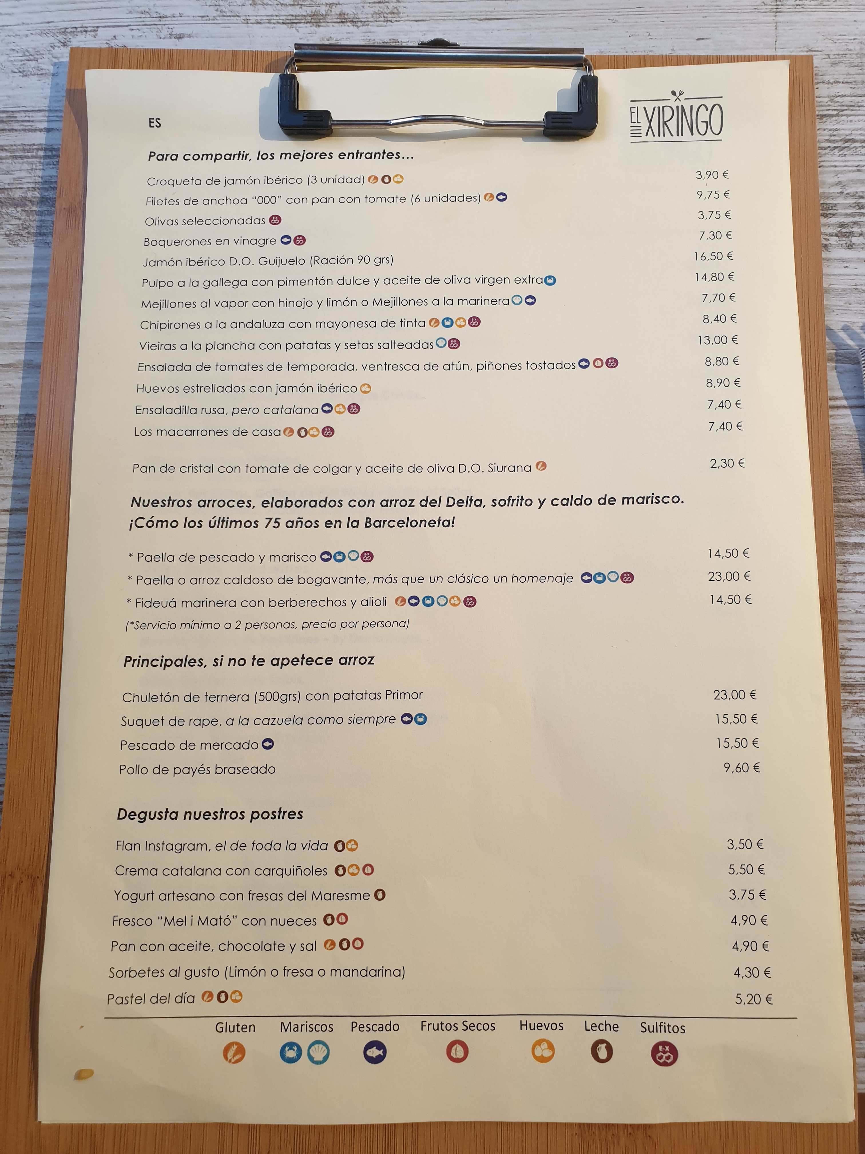 Comer paella en Barcelona - Carta El xiringo